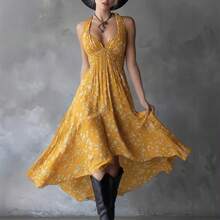 Nuevo 2026 Vestido Largo A Lunares Cuello en V Estilo A Mujer Verano - Amarillo - Ver 5