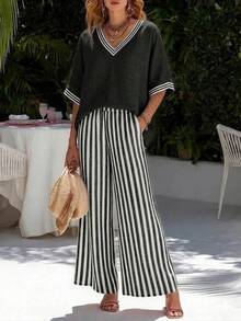 Nuevo 2026 Conjunto Dos Piezas Casual Mujer Cuello en V Top Manga Corta Estampado a Rayas Pantalones Pierna Ancha Corte Holgado - Verde - Ver 10