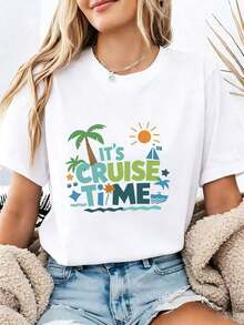 Camiseta Blanca de Manga Corta con Estampado Gráfico Vintage, Talla Grande, para Mujer, Estilo Casual Urbano - Blanco - Ver 1