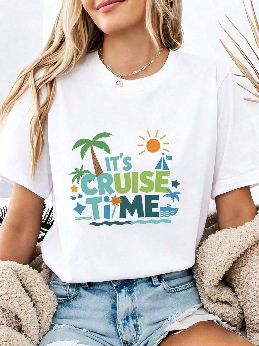 Camiseta Blanca de Manga Corta con Estampado Gráfico Vintage, Talla Grande, para Mujer, Estilo Casual Urbano - Blanco - Ver 1