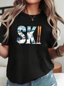 Women's Short Sleeve Crew Neck T-Shirt With SKI Text Print And Creative Ski Theme, For Spring/Summer, Casual Gift For Shopping Or Vacation, Outfit For Friends Gatherings And Holidays - Unisex Loose Fit Cotton Urban Vintage Style Crew Neck Short Sleeve T-Shirt. - 黑色 - 查看 7