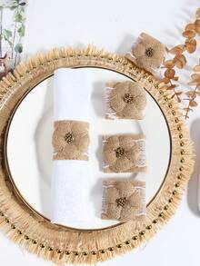 1-6 piezas Anillos de servilleta de cuerda de lino tejida a mano, decoración de color natural para mesa de comedor, adecuado para fiestas, cumpleaños, bodas y cenas - Multicolor - Ver 2