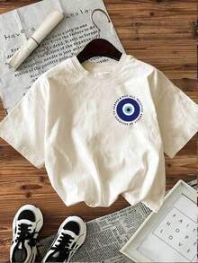 short-sleeveBlusas para mujer Camiseta casual de verano para mujer con estampado de doble cara que presenta arte pop, ojo turco y un mensaje para el remitente para expulsar toda la energía negativa, cuello redondo, manga corta. gym  y2kCuello Redondo Algodón  Tejido Suave Manga Corta Transpirable y Fresca Festival del 5 de mayo Día de la Madre Día del Padre Unisexo100% Cotton - Albaricoque - Ver 3