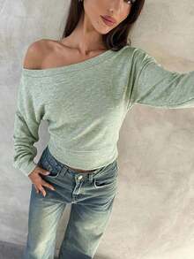 Top de manga larga asimétrico de hombro de punto de color albaricoque para mujer, otoño/invierno - Verde - Ver 5