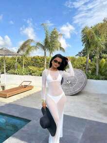 Vestido de manga larga con hombros descubiertos, de malla transparente y ajustado al Body, elegante para el verano - Blanco - Ver 7