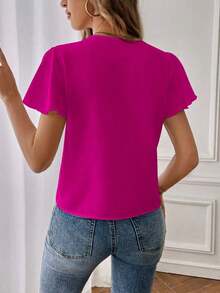 Camisa de mujer de unicolor con escote en V entallado y manga corta, informal y adecuada para el trabajo, blusas de manga corta - Rosa Fucsia - Ver 2