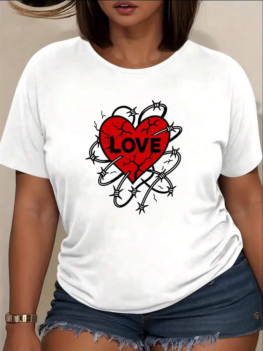 Women's Short-Sleeved T-Shirt With "Chain Heart LOVE" Print, Made Of Soft And Breathable Polyester Fiber, Medium Elasticity, Machine Washable, Casual Short-Sleeved T-Shirt With Round Neck And Print, A Must-Have Garment For Spring And Summer, Short-Sleeved Top, Women's Clothing. - 白色 - 查看 1