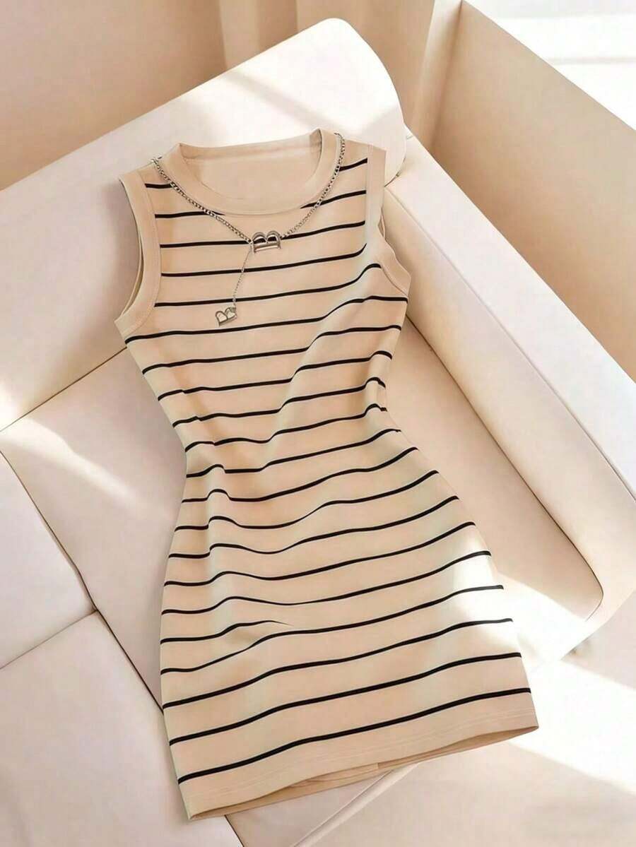 Vestido de mujer de cuello redondo ajustado sin mangas con estampado de rayas, primavera/verano - Multicolor 2 - Ver 1