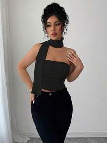 Elegante top de camisola plisada con bufanda de malla para mujeres - Negro - Ver 3