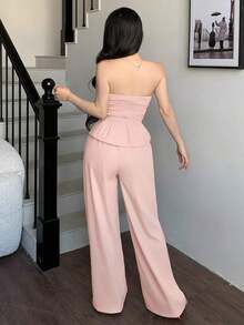 de 2 piezas de top de tirantes con volantes morado y pantalones de pierna ancha para mujer, elegante y de moda, adecuado para la oficina, el transporte, el estilo retro, fiestas, citas, el Día de San Valentín, uso en primavera/verano - Rosa - Ver 2