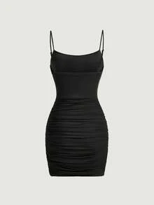 Vestido ajustado de tirantes fruncido de malla - Negro - Ver 2