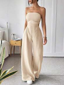 Mono de pierna ancha informal de mujer de talla grande, de algodón, con tirantes finos y espalda descubierta, para verano - Albaricoque - Ver 5