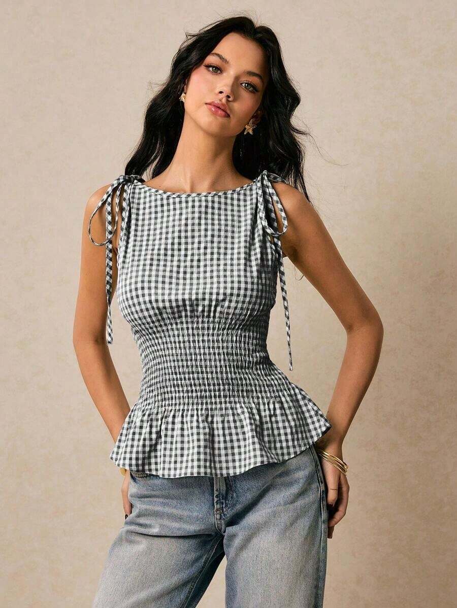 Blusa de cuadros verdes con cuello redondo, cintura con lazo y volantes en el bajo, hombros con lazo, para verano, tops de mujer, tops de verano, tops de concierto, tops de playa, tops con volantes, tops con lazo delantero, tops bohemios, tops de - Blanco y Negro - Ver 1