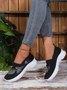 Embroidered Butterfly Slip-On Breathable Mesh Knit Soft Bottom Walking Shoes For Women, Summer - Black - View 6