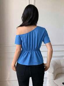 Blusa casual elegante de hombros con nudo, de corte slim para mujeres - Azul - Ver 2