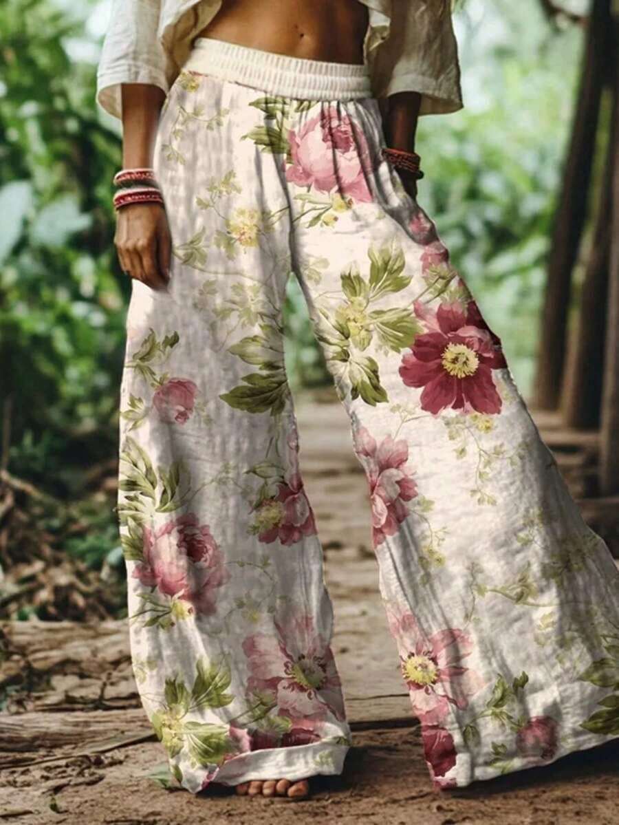 Summer Vacation Outfits Women2026 Spring Summer New Arrival Vintage Bohemia Floral Pattern Women's Casual Pants Elastic Waist Trousers-Ladies' Elegant Retro Bohemian Casual Pants Beach Vacation Loose Printed Horn Wide Leg Pants Polyester PantsLoose And Comfortablepants - 多色 2 - 查看 1