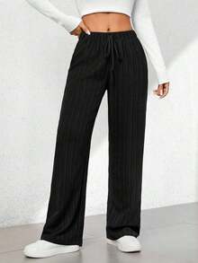 Pantalones capri de pierna ancha con textura de estilo casual de verano - Negro - Ver 10