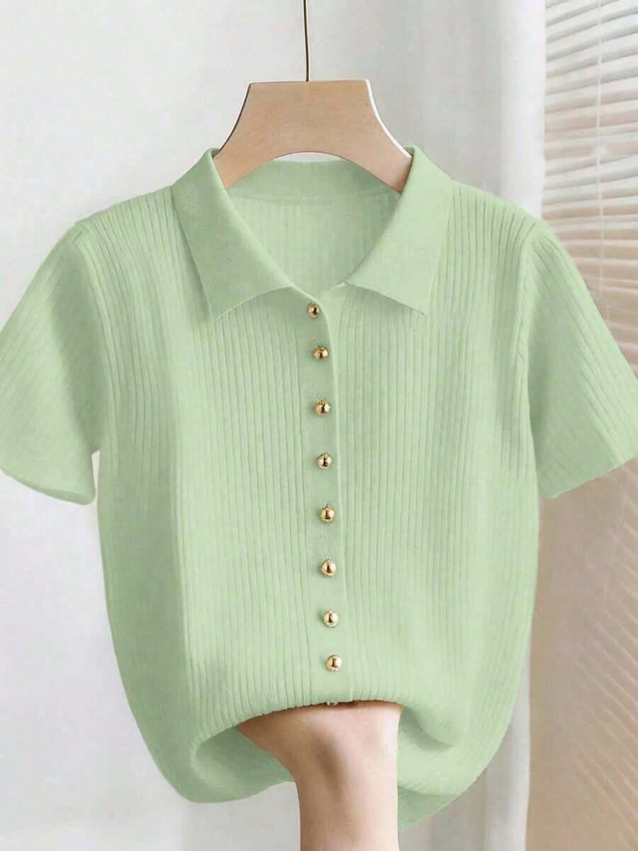 Nueva Camisa Polo Casual de Verano, Holgada, Versátil, Minimalista, Elegante y Suave, Adecuada para Oficina, Trabajo, Viajes Diarios, Diseño con Botones Metálicos, Corte Ajustado, Discreta, Unisex, Cárdigan Extremadamente Sencillo para Mujer - verde menta - Ver 1