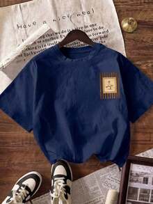 Camiseta casual de mujer de manga corta, cuello redondo, con estampado divertido de ganso vaquero del oeste, top de verano - Azul oscuro - Ver 2