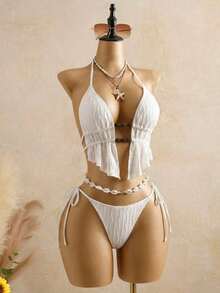Bellisia Top de bikini de mujer de punto texturizado marrón con cuentas y piedras - Blanco - Ver 4
