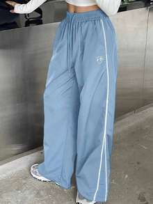 Pantalones casuales de pierna ancha con cordón en contraste y ribeteamionto - Azul - Ver 4