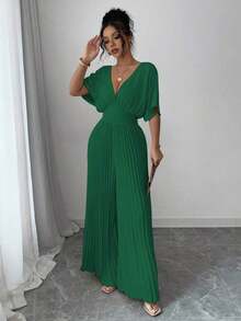 Mono de mujer elegante con cuello en V profundo, mangas tipo murciélago y plisados, de unicolor - Verde Oscuro - Ver 7
