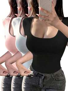 Set de 3 camisetas de mujer de manga corta con cuello en U, tops ajustados y cortos de color liso casual y de moda para el verano - Multicolor 5 - Ver 10
