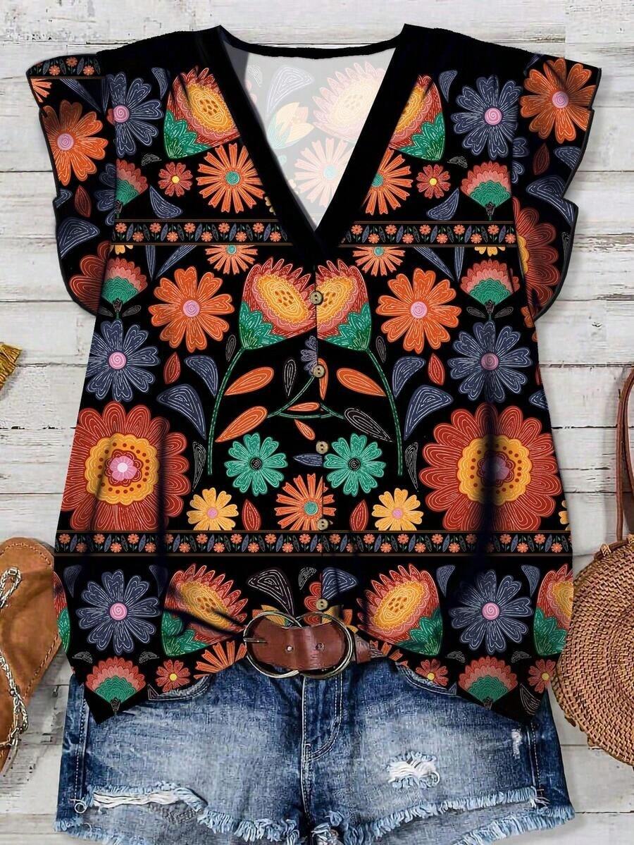 Camisa de mujer casual y minimalista con estampado botánico, adecuada para el verano - Multicolor 8 - Ver 1