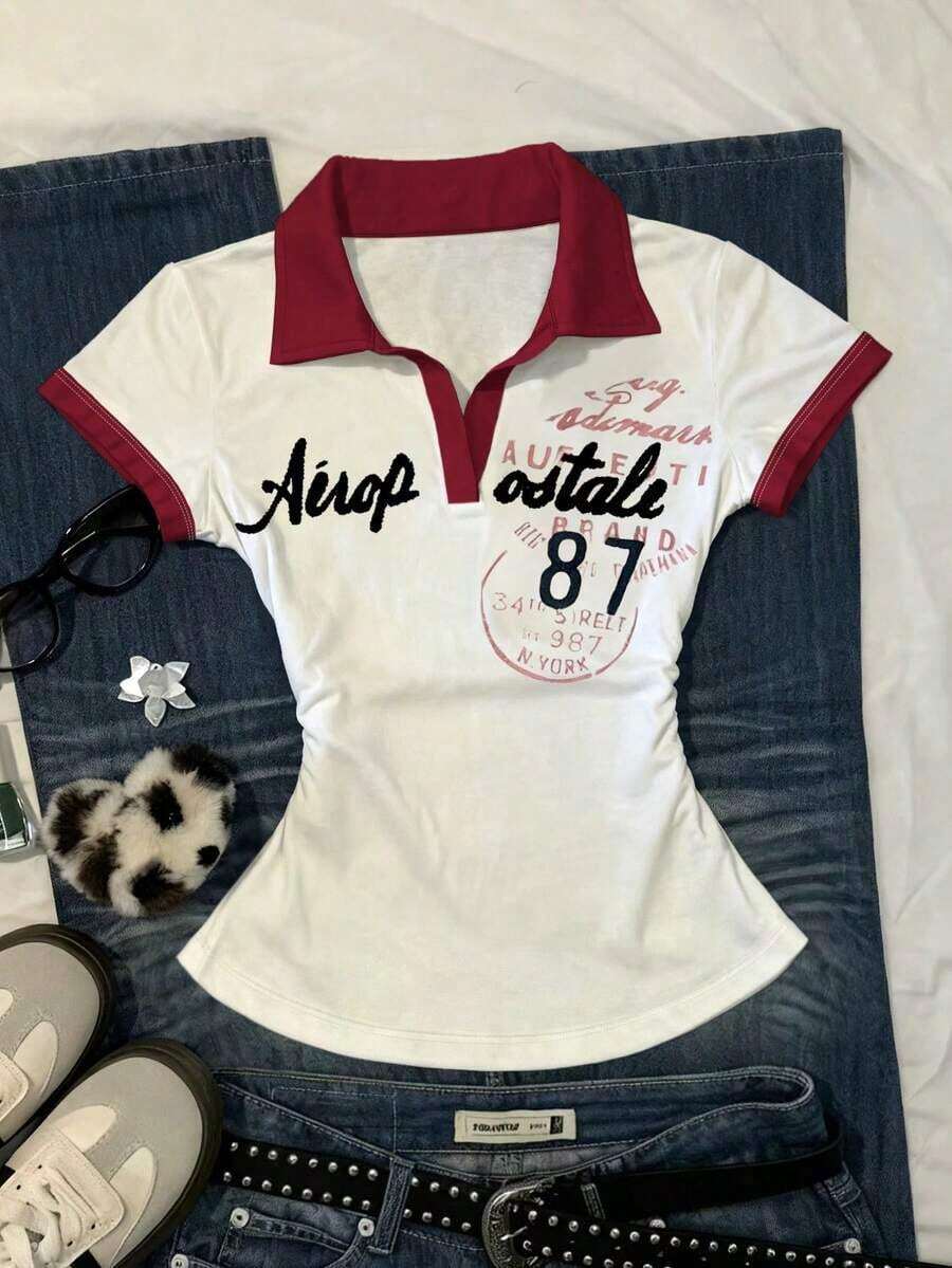 Camiseta casual de mujer con estampado de letras, verano - Multicolor - Ver 1