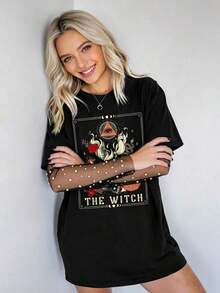 Mexican Basic 2026Camiseta gráfica de talla grande con diseño de cartas del tarot misteriosas, camiseta larga y holgada casual para volver al colegio, negra para el veranocool  New Launch - Negro - Ver 3