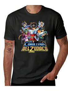 Camiseta de Anime para Hombres - Personajesónicos del Zodiaco (Seiya, Ikki, Shura, Dai) Estampado, Signos del Zodiaco Griego/Latino, Texto en Inglés, Manga Corta Casual Negra, Lavable aáquina, Corte Regular para Streetwear (Verano) - Negro - Ver 7