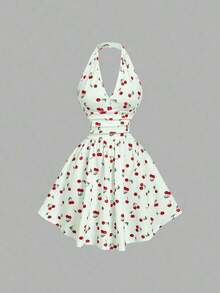 Vestido de fiesta elegante de mujer con estampado de cerezas, escote halter, espalda descubierta y cintura fruncida - Verde - Ver 5