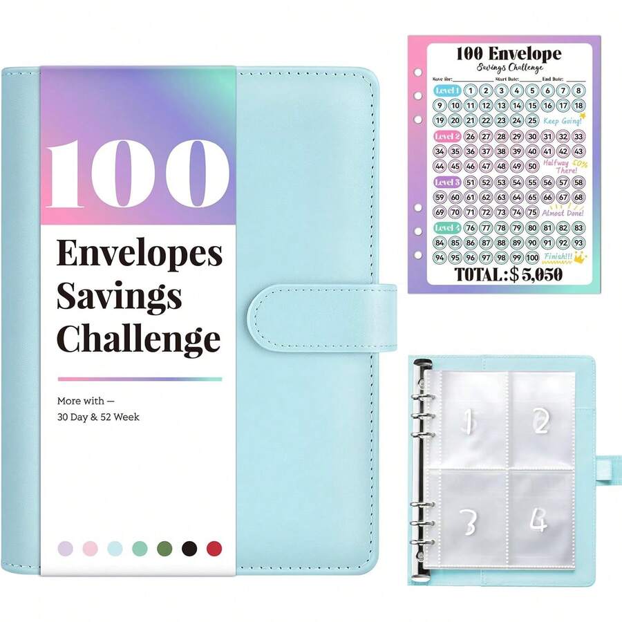 Bộ dụng cụ thử thách tiết kiệm bằng phong bì 100 chiếc, Sổ tay thử thách 100 phong bì, Bộ thử thách tiết kiệm 100 ngày bằng phong bì, Phương pháp tiết kiệm đơn giản và thú vị, Sổ lập kế hoạch ngân sách, Sổ gửi tiền.