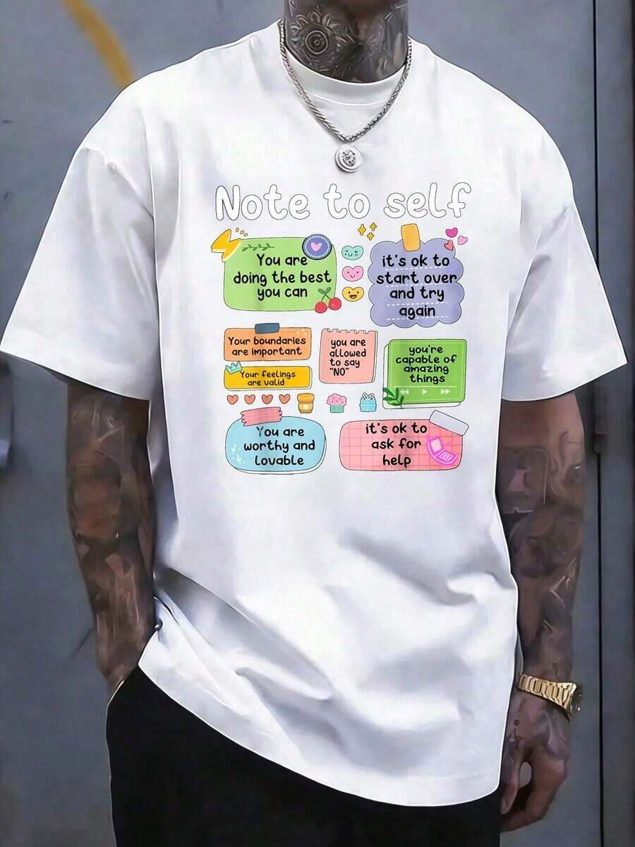 Camiseta Motivacional Nota Para Sí Mismo - Frases de Afirmación Positiva - Con Frases Coloridas de Autocuidado - Camiseta de 220GSM de Alta Resistencia - Ropa Unisex para Adultos para Uso Diario y Salud Mental - Camiseta Ajustada para Todas las Temporadas - Regalo para el Amor Propio y el Crecimiento Personal - Negro - Ver 1