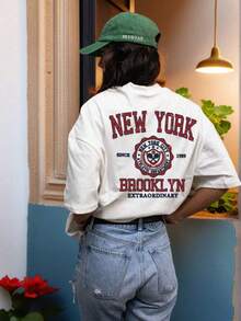 Women's Casual Knit T-Shirt With Round Neck, Short Sleeves, Drop Shoulders And New York Print YOOC - 白色 - 查看 1