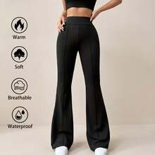 Pantalones casuales de cintura alta y corte holgado de unicolor, tela suave adecuada para pantalones rectos de cintura alta y pierna ancha, versátil para uso empresarial y casual - Pantalones deportivos a juego para todas las estaciones - Negro - Ver 2