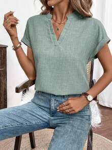 Camisa de verano para mujer de unicolor con escote en V estilo murciélago, manga corta - Verde 2 - Ver 1