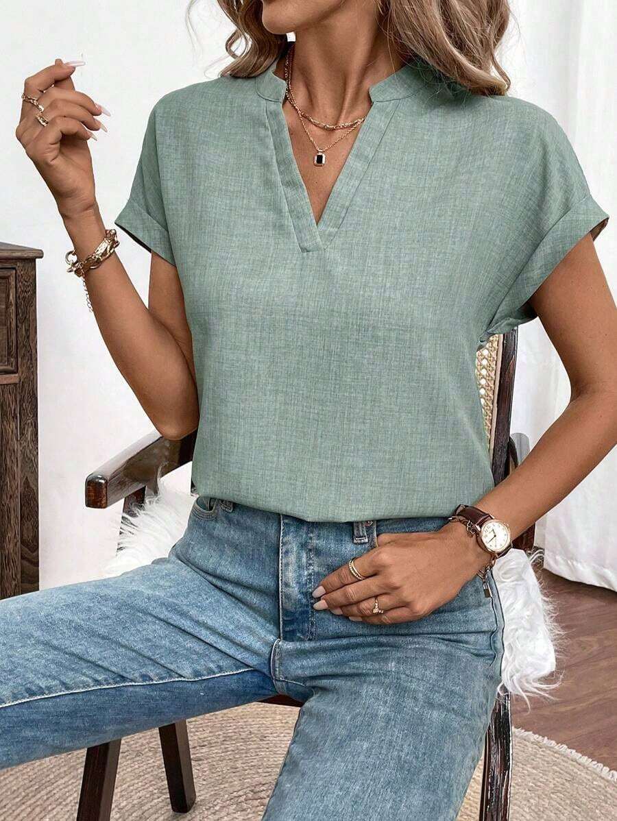 Camisa de verano para mujer de unicolor con escote en V estilo murciélago, manga corta - Verde 2 - Ver 1