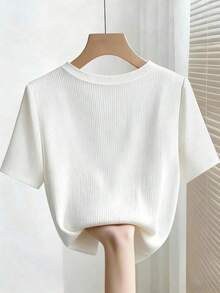 Camiseta de manga corta con cuello redondo ajustado, con cuentas y acanalada, elegante para mujeres - Blanco - Ver 2