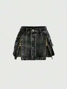 Kawaii Minifalda vaquera de cintura baja con cremallera y lavado vintage del estilo Y2K - Gris Oscuro - Ver 1