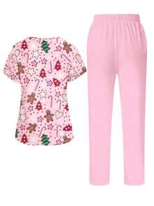 PopScrub Conjunto de 2 piezas con diseño de bolsillo con oreja, estampado de gato y planta de dibujos animados, de cuello en V y manga corta, uniforme de enfermera de primavera/verano, pantalón casual de color azul claro, conjunto de uniforme de enfermera, adecuado para amantes de los gatos - Multicolor 4 - Ver 2