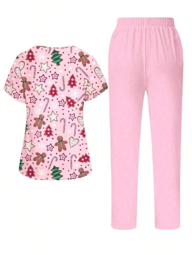 PopScrub Conjunto de 2 piezas con diseño de bolsillo con oreja, estampado de gato y planta de dibujos animados, de cuello en V y manga corta, uniforme de enfermera de primavera/verano, pantalón casual de color azul claro, conjunto de uniforme de enfermera, adecuado para amantes de los gatos - Multicolor 4 - Añade 2