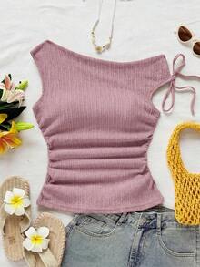 Blusa de punto con textura de burbujas de color albaricoque, con hombros asimétricos y cintura anudada, de corte ajustado, adecuada para fiesta, cita, paseo por la ciudad, viaje por carretera, playa de verano - Rosa - Ver 3