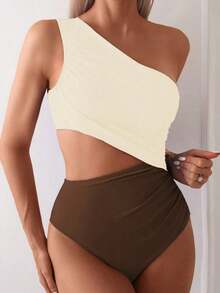 Swim 1 pieza Traje de baño de una pieza para mujer con diseño calado y fruncido en color liso - Marrón 2 - Ver 5