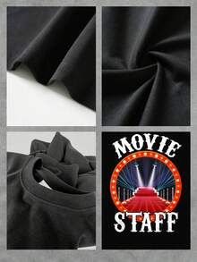 El estampado muestra un escenario de alfombra roja con luces brillantes y refleja la energía del cine y el glamour de los eventos cinematográficos camiseta de mujer  casual cómoda para uso diario y amantes del séptimo arte - Negro - Ver 4