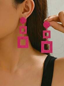 1 Pair Classic Simple Geometric Multi-Layer Square Earrings - Hot Pink - View 5