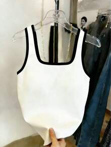 Mejor vendido top de mujer ajustado de cuello redondo con contraste de color - Marrón - Ver 2