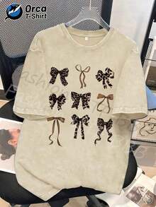 Leopard Print T-Shirt With Satin Bow, Fashionable High-Quality Washed Cotton T-Shirt From The Orca Brand, Unisex T-Shirt, A Popular Item For Everyday Wear, Perfect For Gifting To Family And Friends On Easter, Mother's Day, Independence Day And Other Holidays. Men's T-Shirts - 風格 - 查看 5