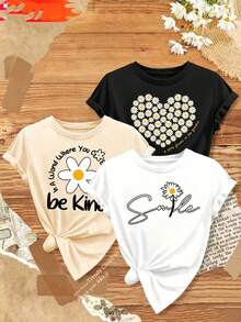 Couple T-Shirts. Women's  T-Shirt. Single Garment, Not A 3-Piece Set. 1 Piece/Set Of Short-Sleeved T-Shirts Suitable For Streetwear. Oversized Crew Neck Top For Daily Outings, Camping, Concerts, Hip-Hop, Rock, And Rap Events. Vintage Rock Print Roses T-Shirt, Retro Design, Short-Sleeved T-Shirt With Letter Print | Exquisite Design | Loose And Comfortable | Easy To Match | - 白色 - 查看 2