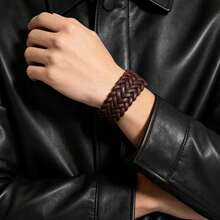 1 pieza Brazalete de cuero tejido vintage desgastado, accesorio de estilo punk diario para hombres - Marrón - Ver 4
